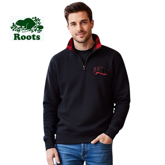 Roots Men’s Buffalo Plaid Zip Stein Hoodie Black Red Quarter Zip Sweater M - Picture 1 of 16